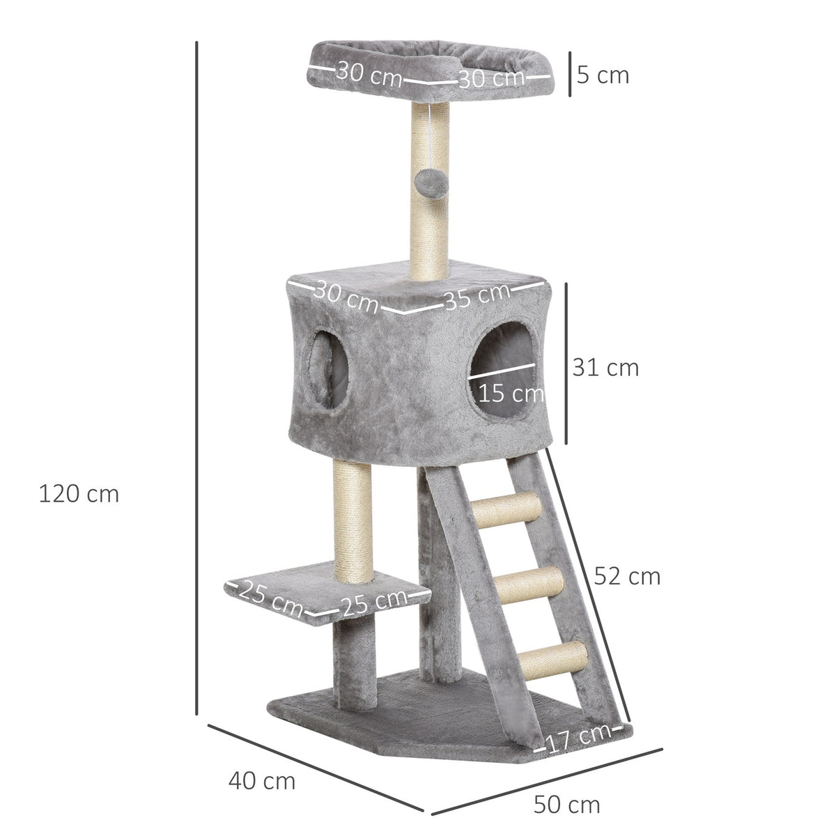 Scratching Post With Cat Cave And Ladder, Multi-Level, E1 Mdf Sisal, Light Gray, 60X48X122Cm