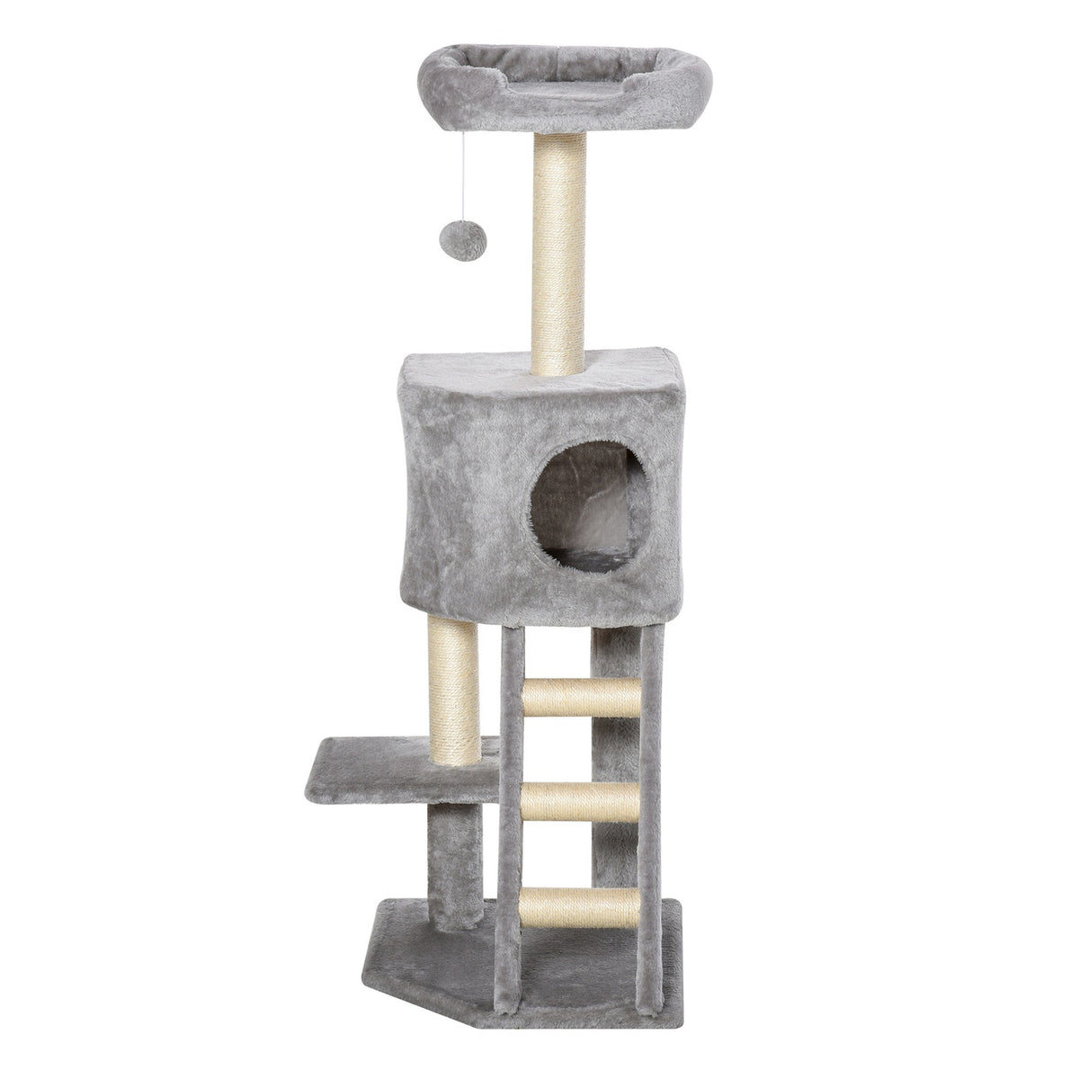 Scratching Post With Cat Cave And Ladder, Multi-Level, E1 Mdf Sisal, Light Gray, 60X48X122Cm