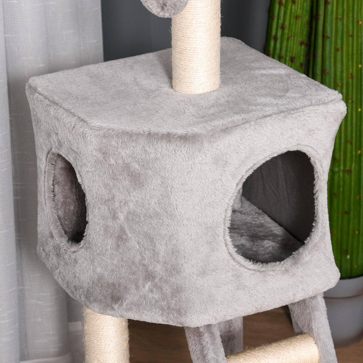 Scratching Post With Cat Cave And Ladder, Multi-Level, E1 Mdf Sisal, Light Gray, 60X48X122Cm