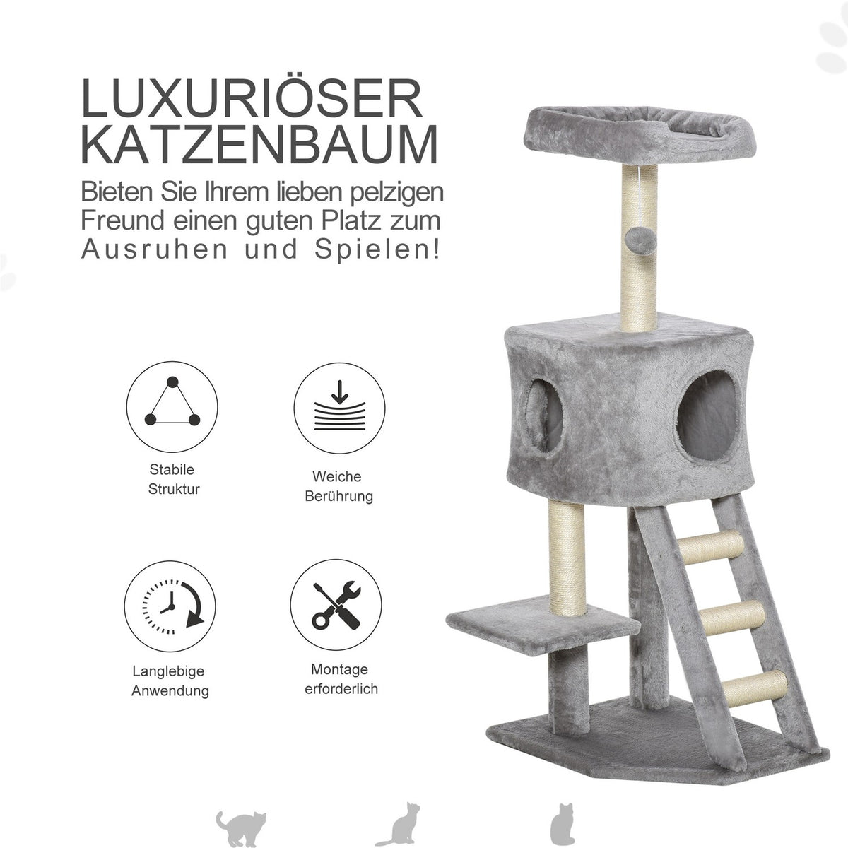 Scratching Post With Cat Cave And Ladder, Multi-Level, E1 Mdf Sisal, Light Gray, 60X48X122Cm