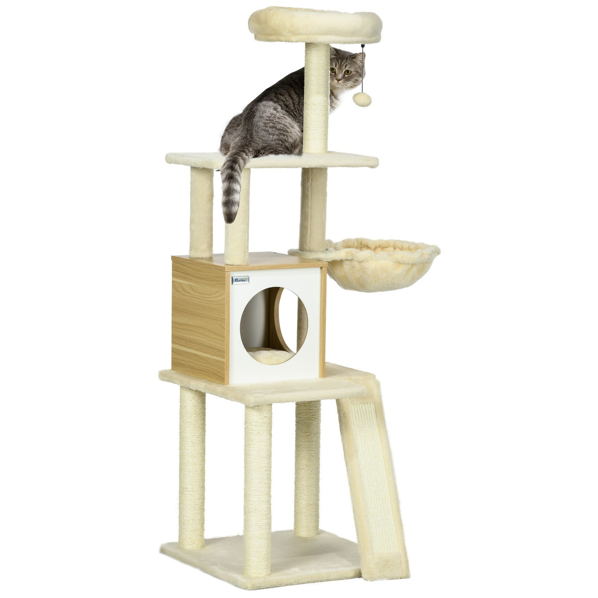 Scratching Post With Cat Cave Play Ball, Hanging Bed, 2 Platforms, Sisal, Beige