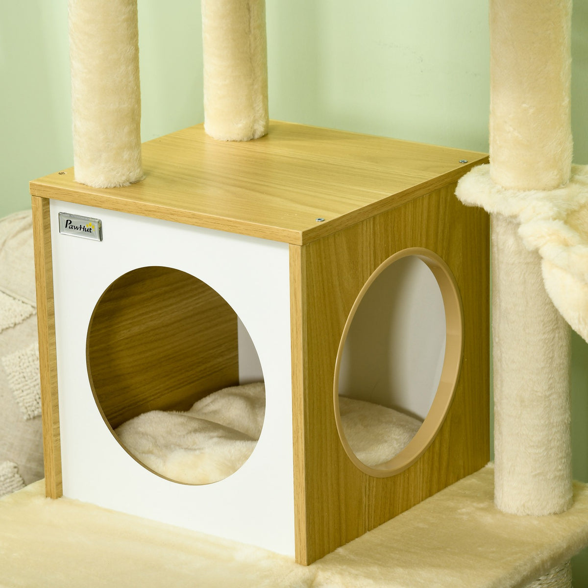 Scratching Post With Cat Cave Play Ball, Hanging Bed, 2 Platforms, Sisal, Beige