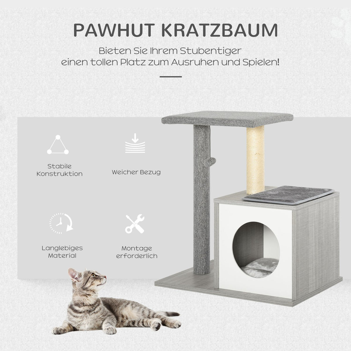 Scratching Post With Cave For Cats Climbing Tree, Plush Cushion, E1 Chipboard, Grey&White, 59X39X62Cm