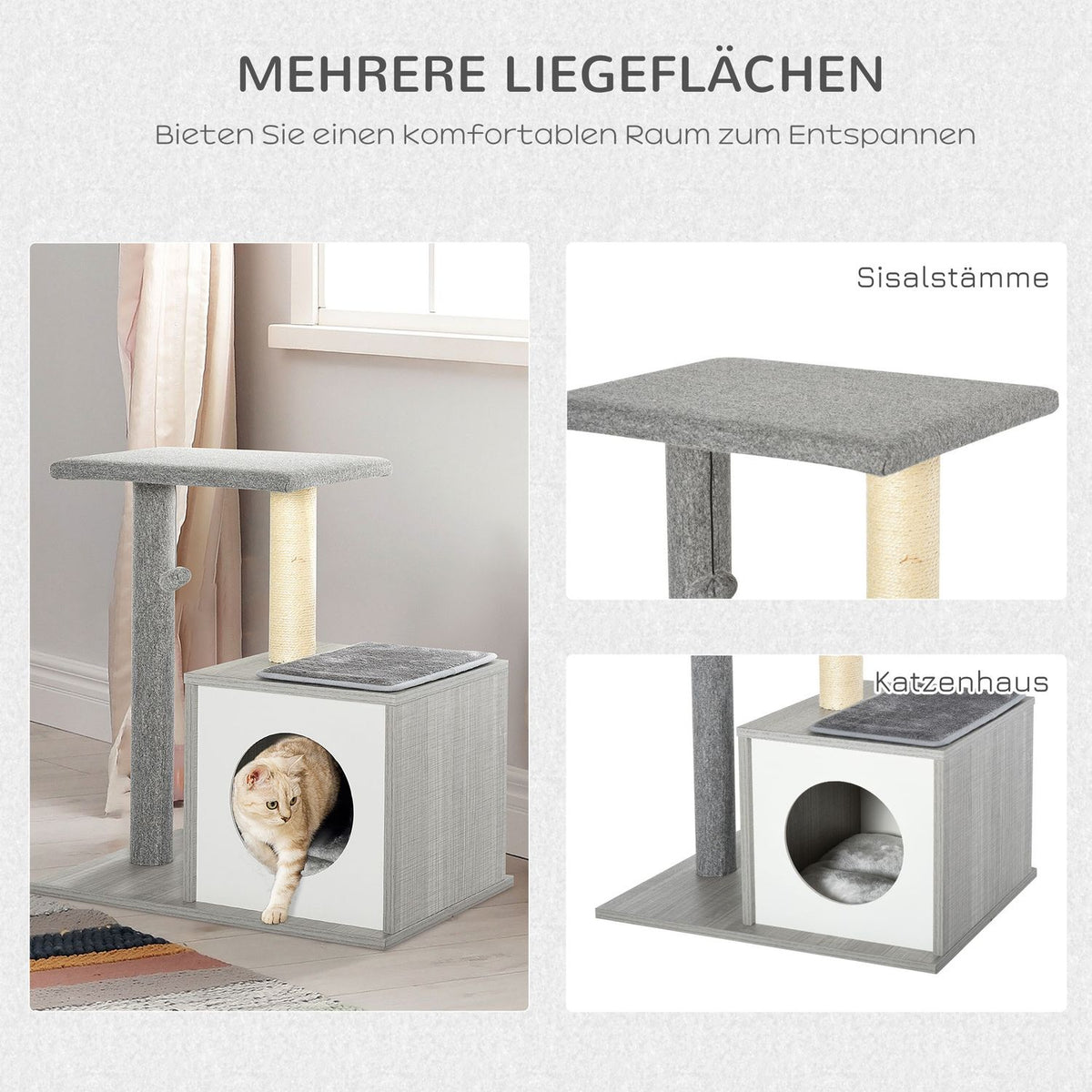 Scratching Post With Cave For Cats Climbing Tree, Plush Cushion, E1 Chipboard, Grey&White, 59X39X62Cm