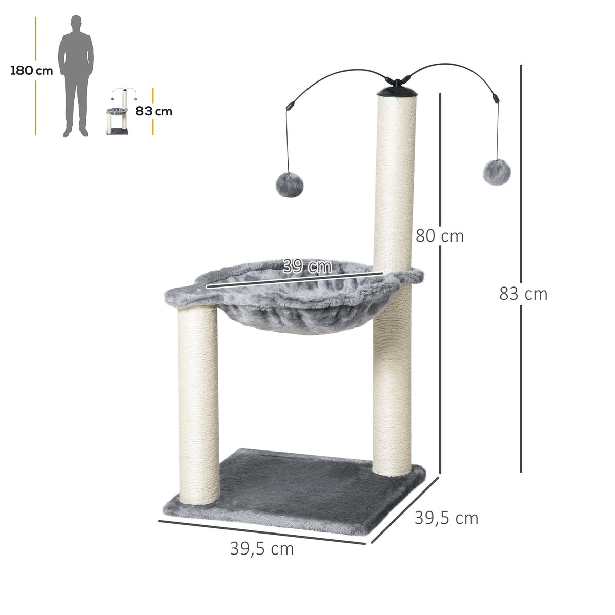 Scratching Post With Hammock Cat Tree Climbing Tree For Cats With Spin Ball Gray 39.5X39.5X83 Cm