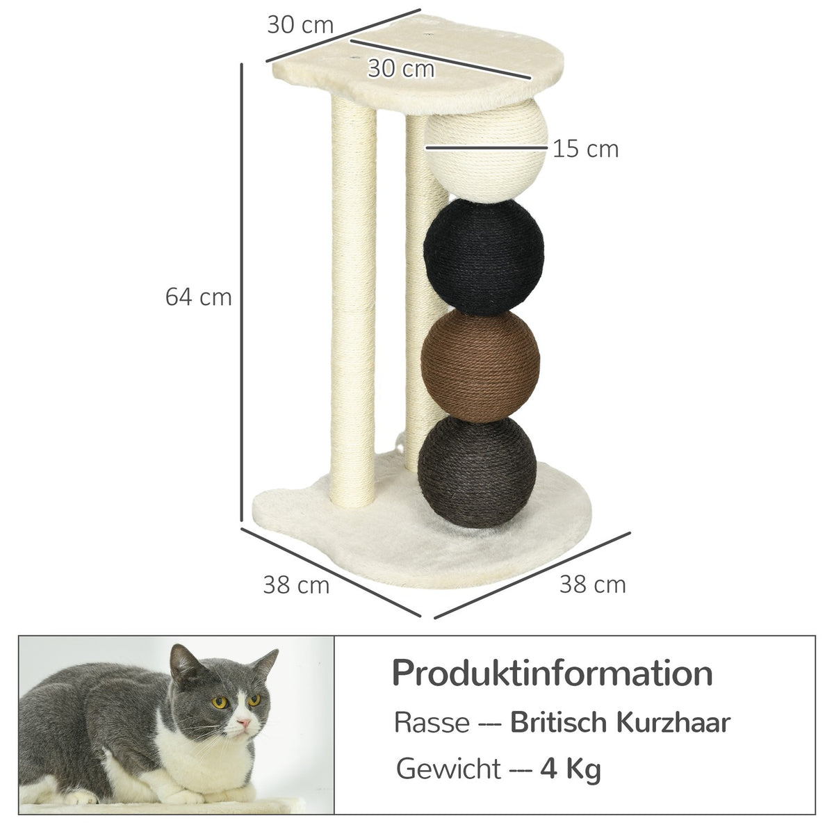 Scratching Post With Platform, 2 Sisal Posts, 4 Sisal Balls, E1 Chipboard, Compact, 38X38X64Cm