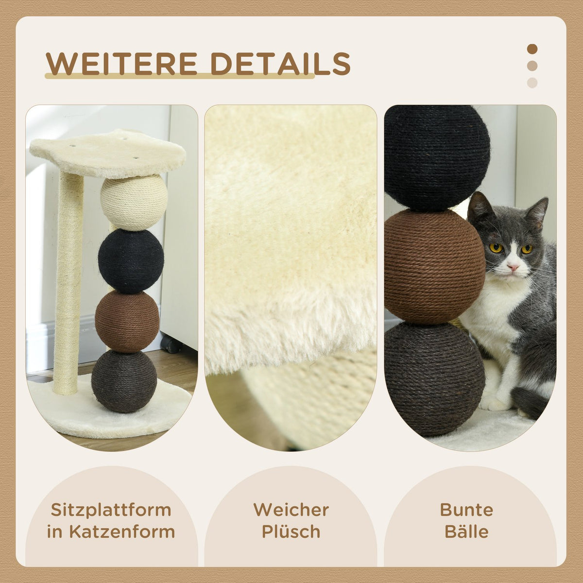 Scratching Post With Platform, 2 Sisal Posts, 4 Sisal Balls, E1 Chipboard, Compact, 38X38X64Cm
