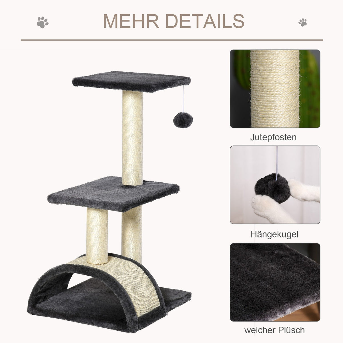 Scratching Post With Scratching Board, Dark Gray, E1 Mdf Sisal Plush, 40X35X72Cm