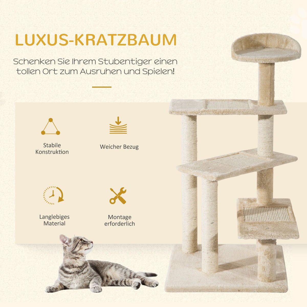 Scratching Post With Sisal Columns, Cat Scratching Post, Cat Climbing Tree, Cat Tree, Beige, 50 X 50 X 100 Cm