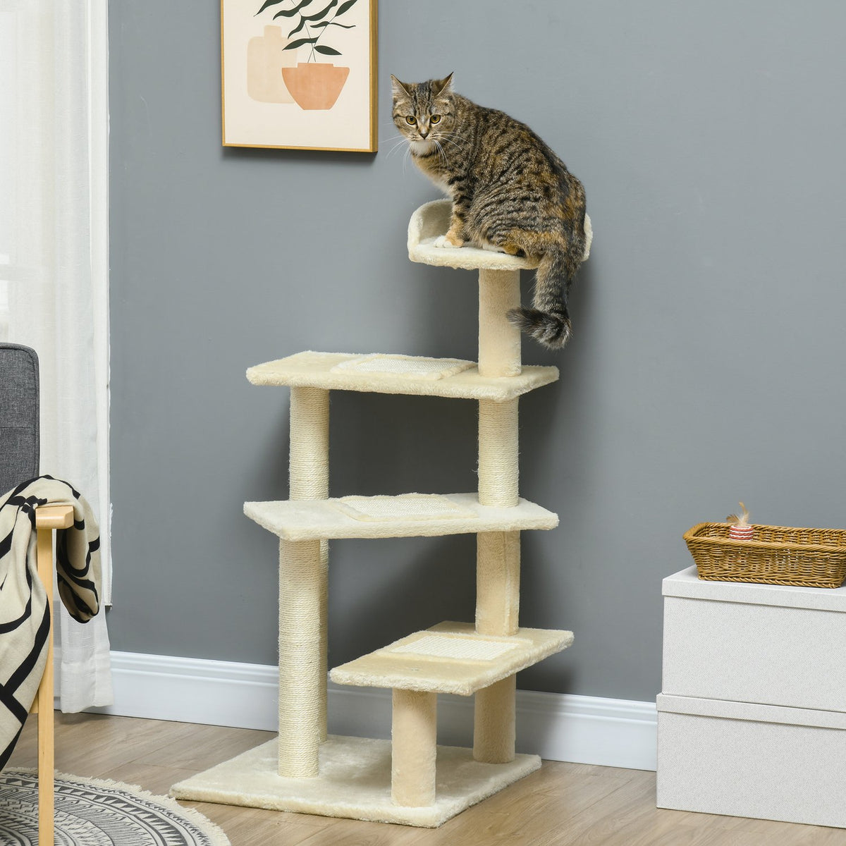 Scratching Post With Sisal Columns, Cat Scratching Post, Cat Climbing Tree, Cat Tree, Beige, 50 X 50 X 100 Cm