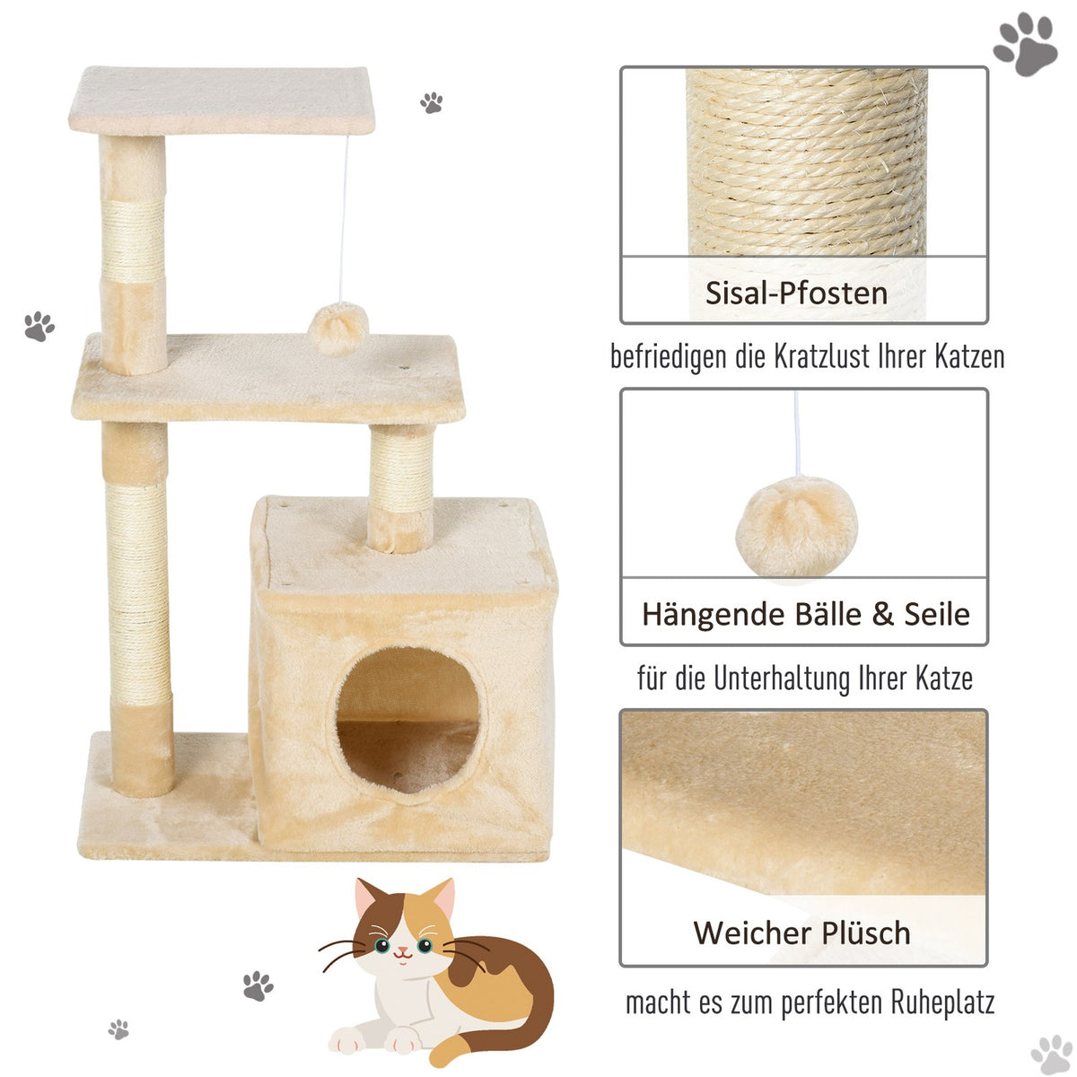 Scratching Post With Sisal, Soft Plush, Scratching Board, Stable, E1 Class Chipboard, 50X30X80Cm