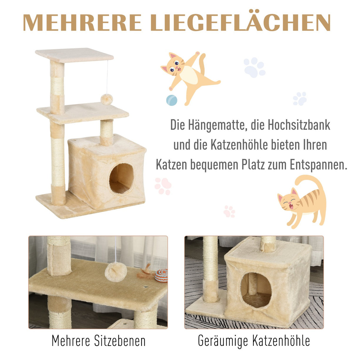 Scratching Post With Sisal, Soft Plush, Scratching Board, Stable, E1 Class Chipboard, 50X30X80Cm