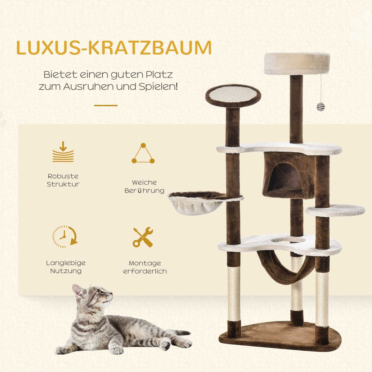 Scratching Post Xxl With Cat Cave & Hammock Multi-Level Cat Tree Multi-Activity Center, Plush, Brown, 213X91X122Cm