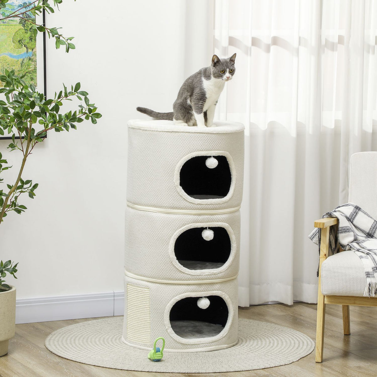 Scratching barrel, 100 cm high, cat barrel with 3 caves, scratching post with play balls, cat tower made of sisal, for cats up to 6 kg, beige + cream white