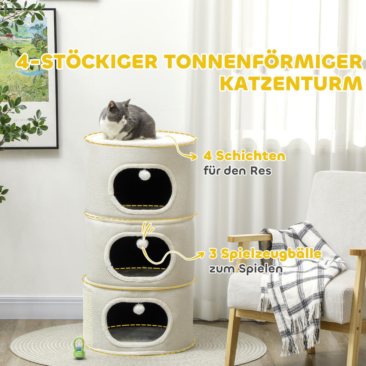 Scratching barrel, 100 cm high, cat barrel with 3 caves, scratching post with play balls, cat tower made of sisal, for cats up to 6 kg, beige + cream white
