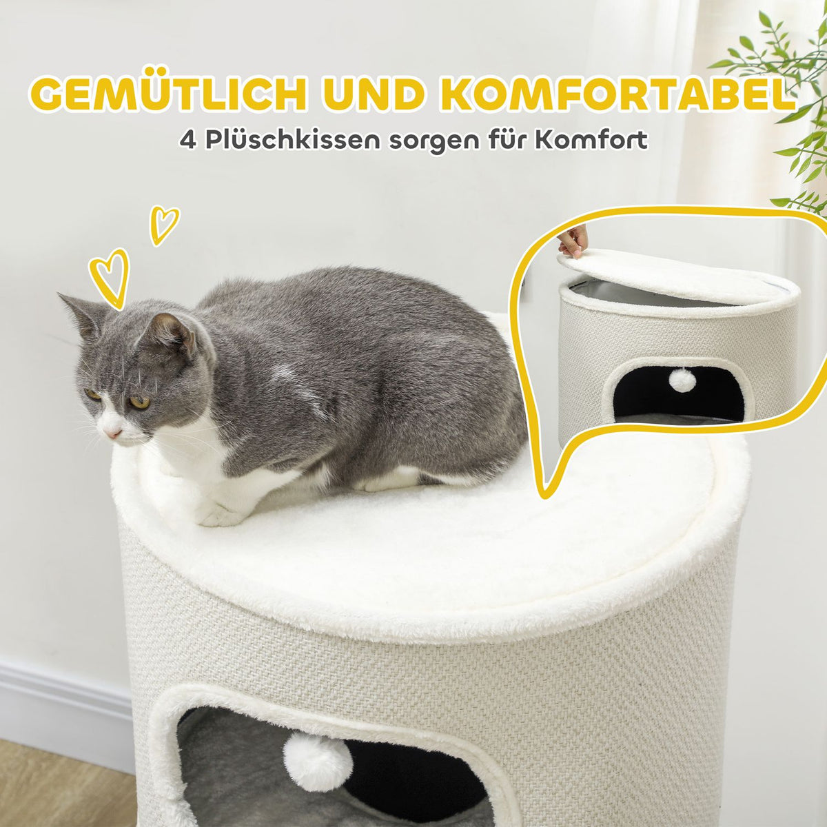 Scratching barrel, 100 cm high, cat barrel with 3 caves, scratching post with play balls, cat tower made of sisal, for cats up to 6 kg, beige + cream white