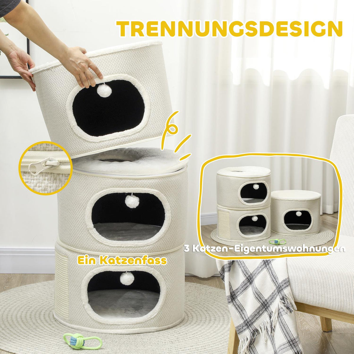 Scratching barrel, 100 cm high, cat barrel with 3 caves, scratching post with play balls, cat tower made of sisal, for cats up to 6 kg, beige + cream white