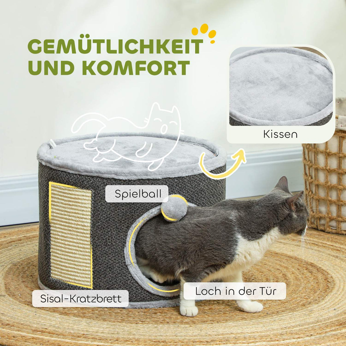 Scratching barrel, 30 cm high cat barrel with cave, scratching post, cat tower made of sisal, for cats up to 5 kg, dark gray
