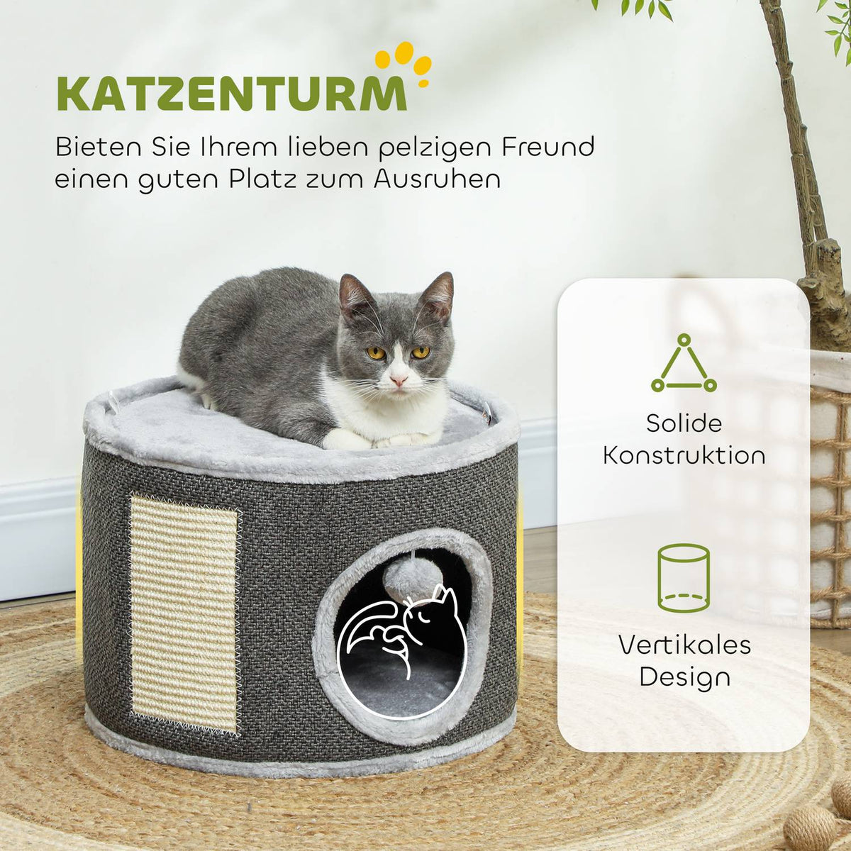Scratching barrel, 30 cm high cat barrel with cave, scratching post, cat tower made of sisal, for cats up to 5 kg, dark gray