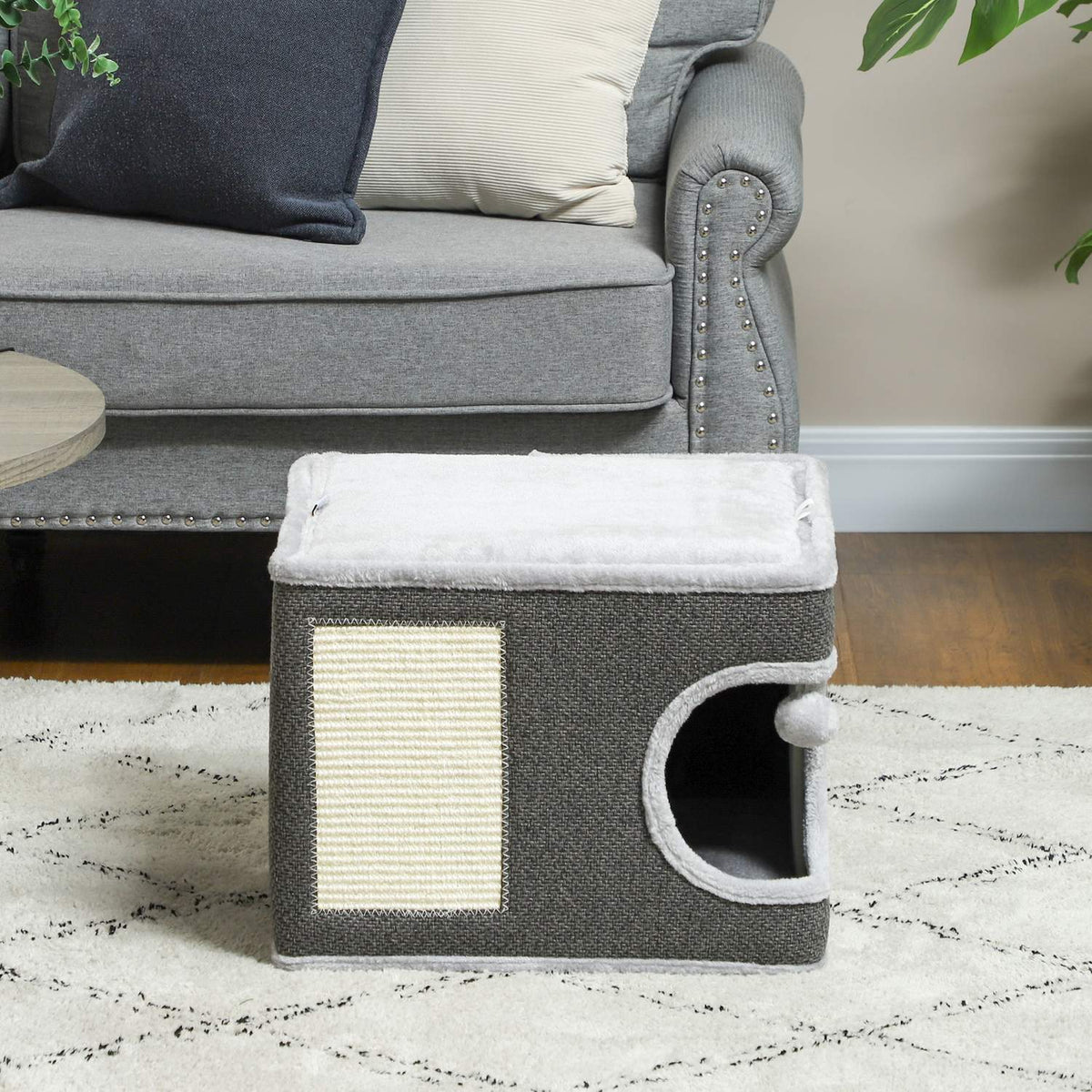 Scratching barrel, 35 cm high, cat barrel with cave, scratching post with play ball, cat tower made of sisal, for cats up to 6 kg, dark gray + cream white