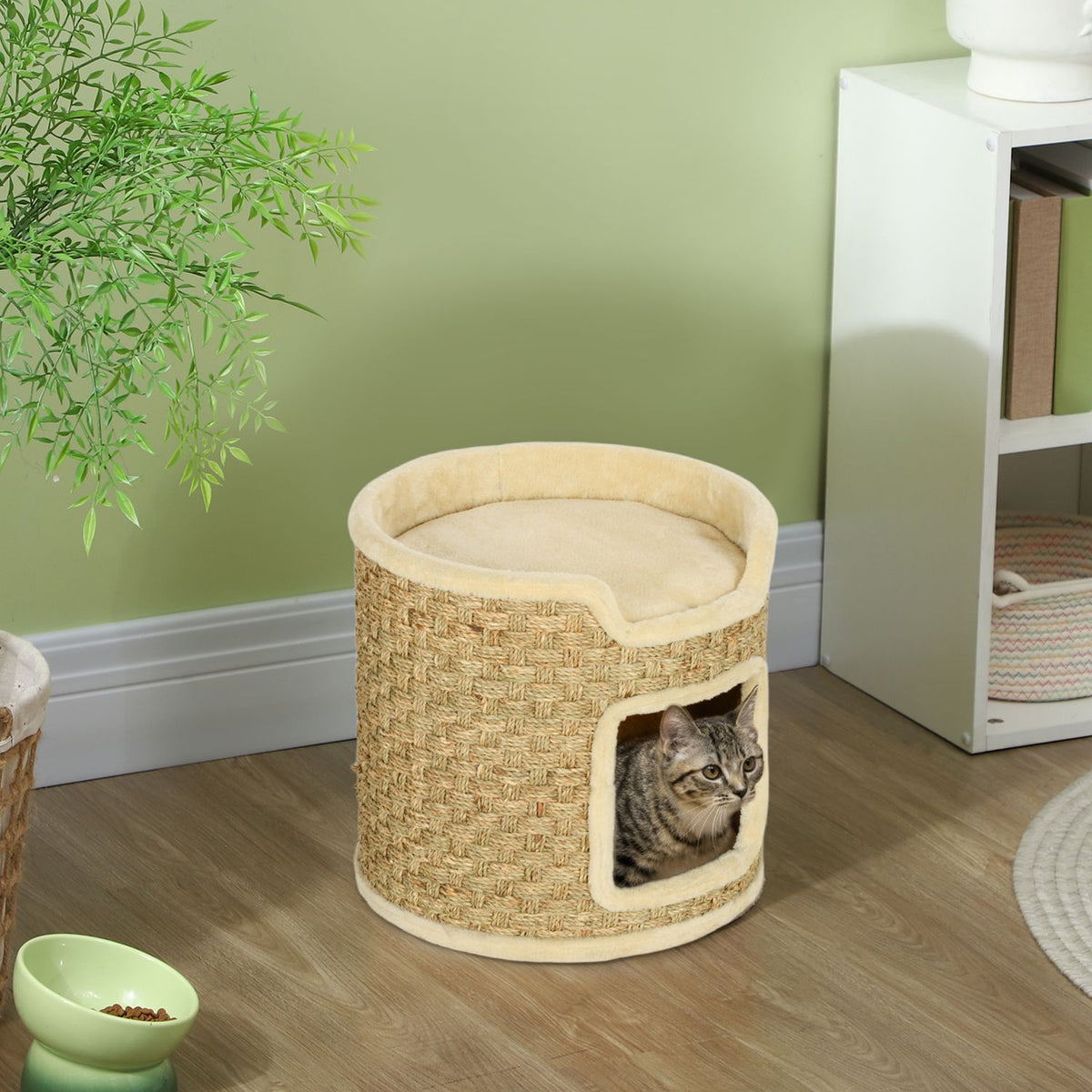 Scratching barrel, 37 cm high cat barrel with door, scratching post with 2 levels, cat tower made of sisal, for cats up to 5 kg, khaki