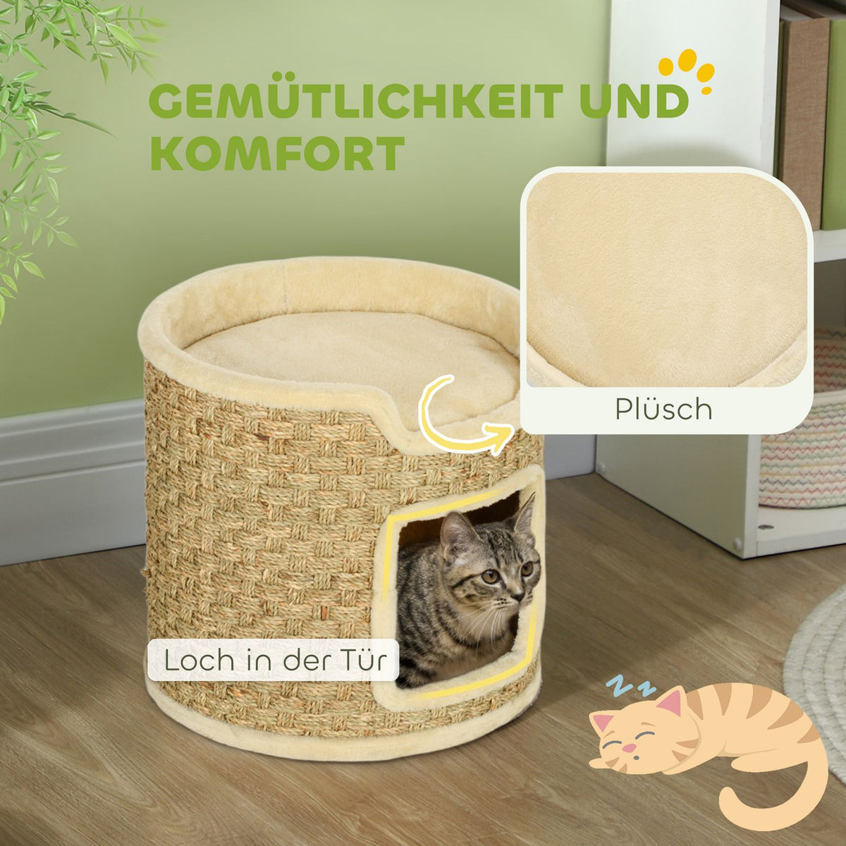 Scratching barrel, 37 cm high cat barrel with door, scratching post with 2 levels, cat tower made of sisal, for cats up to 5 kg, khaki