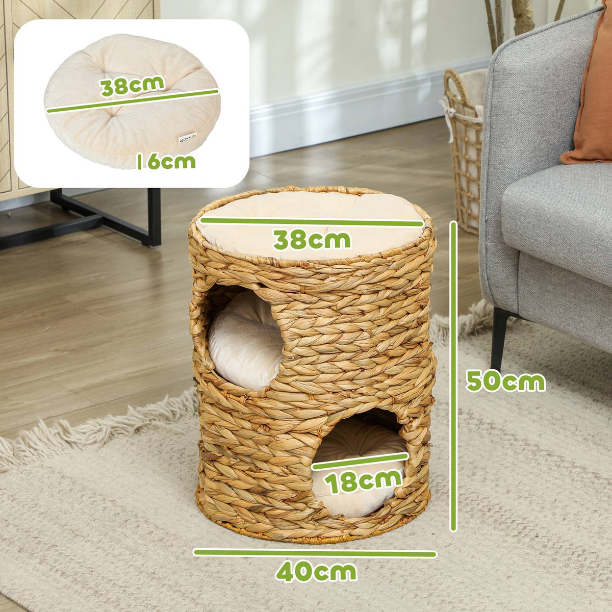 Scratching barrel, 50 cm high, cat barrel with 2 caves, scratching post with cushion, cat tower made of water hyacinth, for cats up to 3.5 kg, light brown