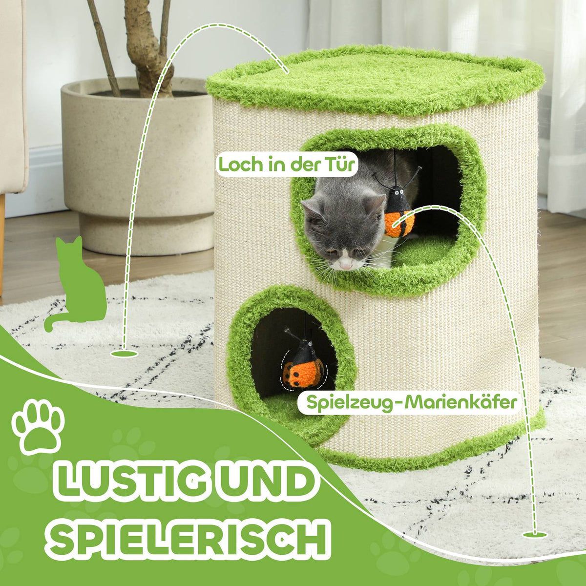Scratching barrel, 52 cm high, cat barrel with 2 caves, scratching post with ladybird toys, cat tower made of sisal, for cats up to 5 kg, green + cream white