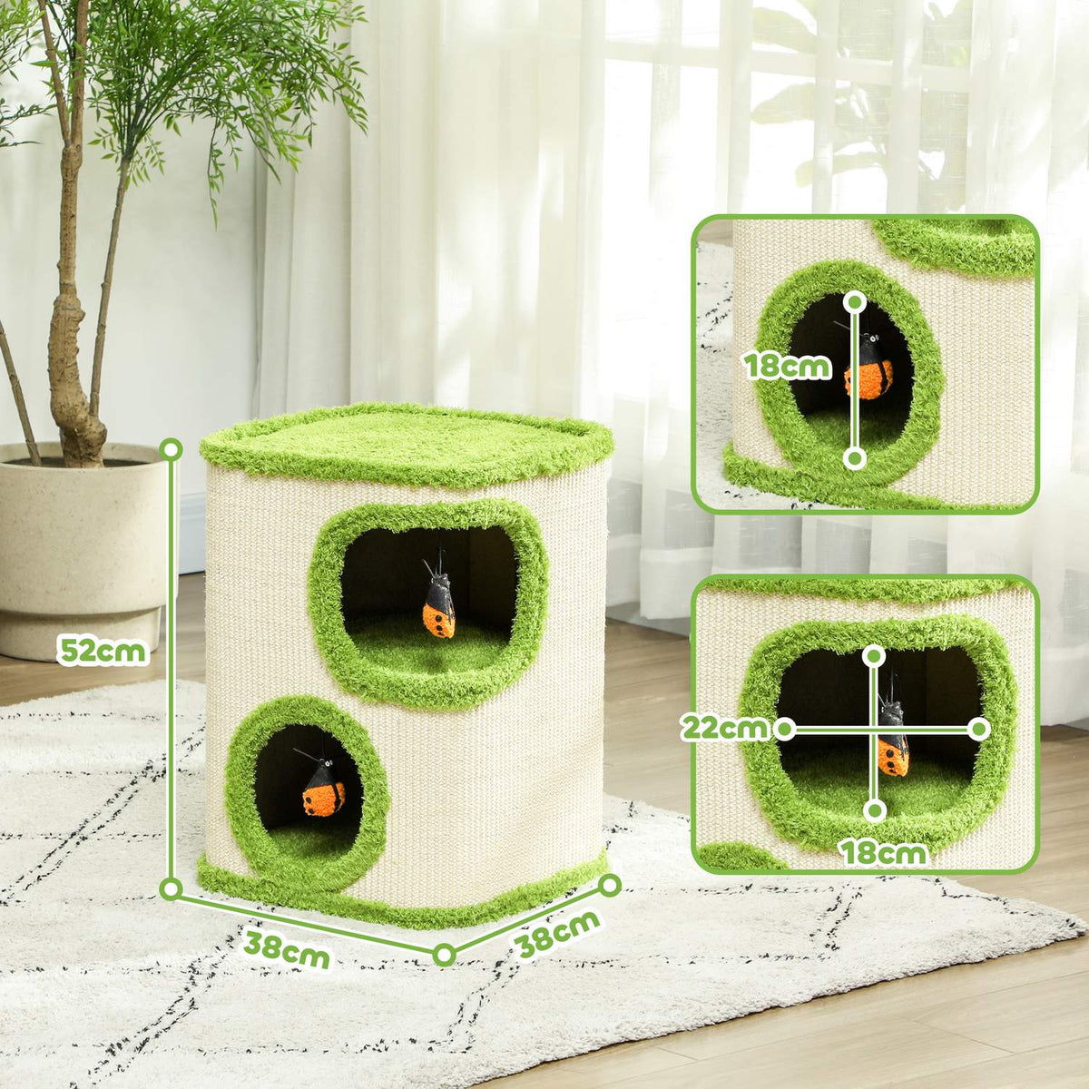 Scratching barrel, 52 cm high, cat barrel with 2 caves, scratching post with ladybird toys, cat tower made of sisal, for cats up to 5 kg, green + cream white