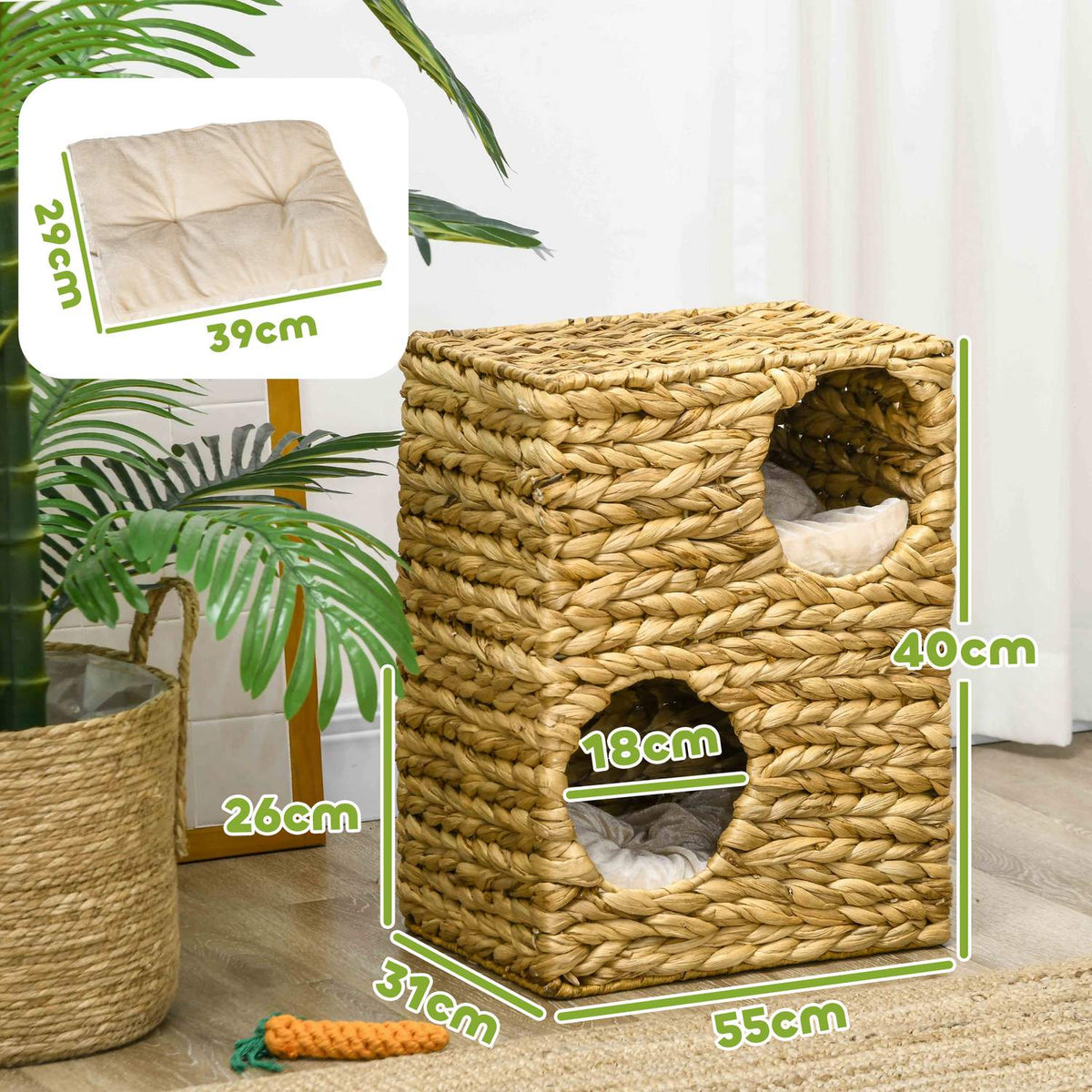 Scratching barrel 55 cm high cat barrel with 2 caves, cushions, scratching post with cat bed, cat tower made of water hyacinth grass, light brown