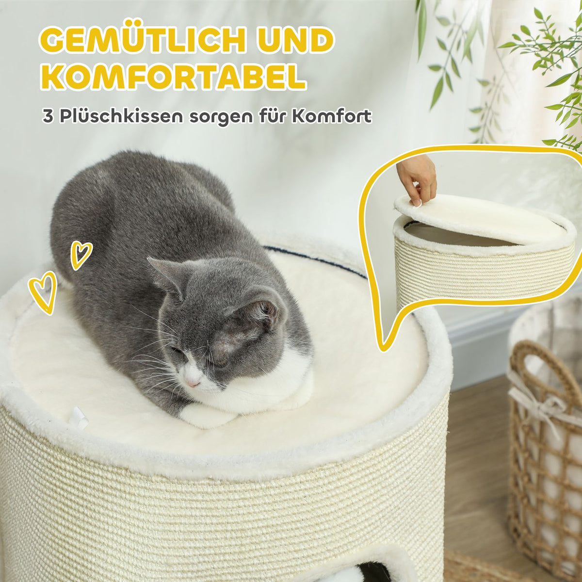 Scratching barrel, 69 cm high cat barrel with 2 caves, play ball, divisible scratching post, cat tower for cats up to 5 kg, cream white