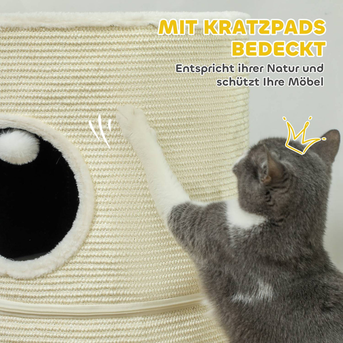 Scratching barrel, 69 cm high cat barrel with 2 caves, play ball, divisible scratching post, cat tower for cats up to 5 kg, cream white