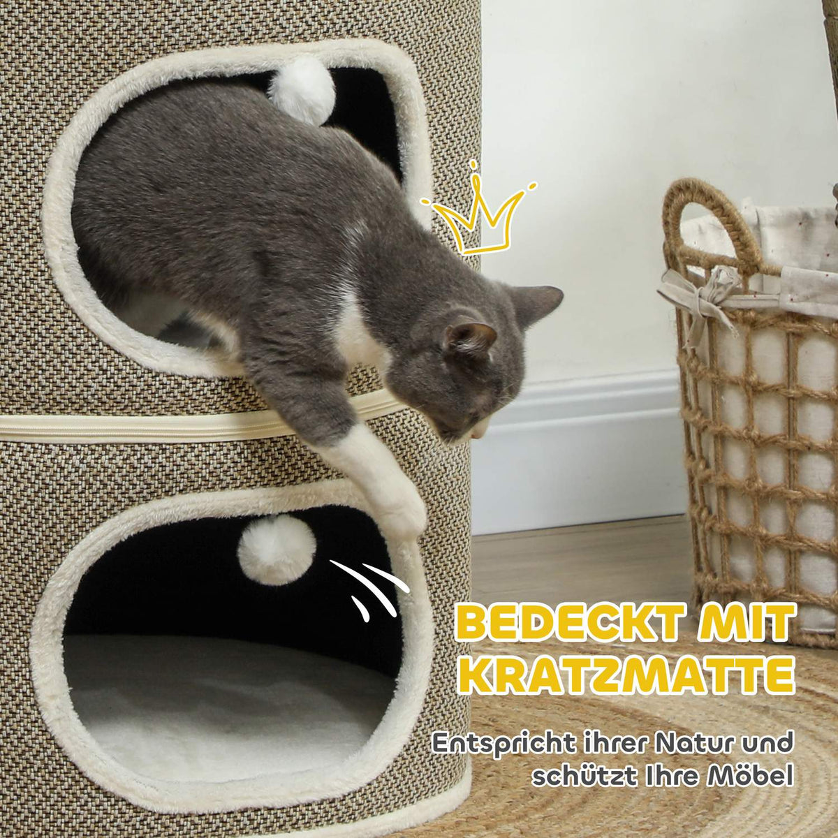 Scratching barrel, 69 cm high, cat barrel with 2 caves, scratching post with play balls, cat tower made of sisal, for cats up to 6 kg, coffee brown + cream white