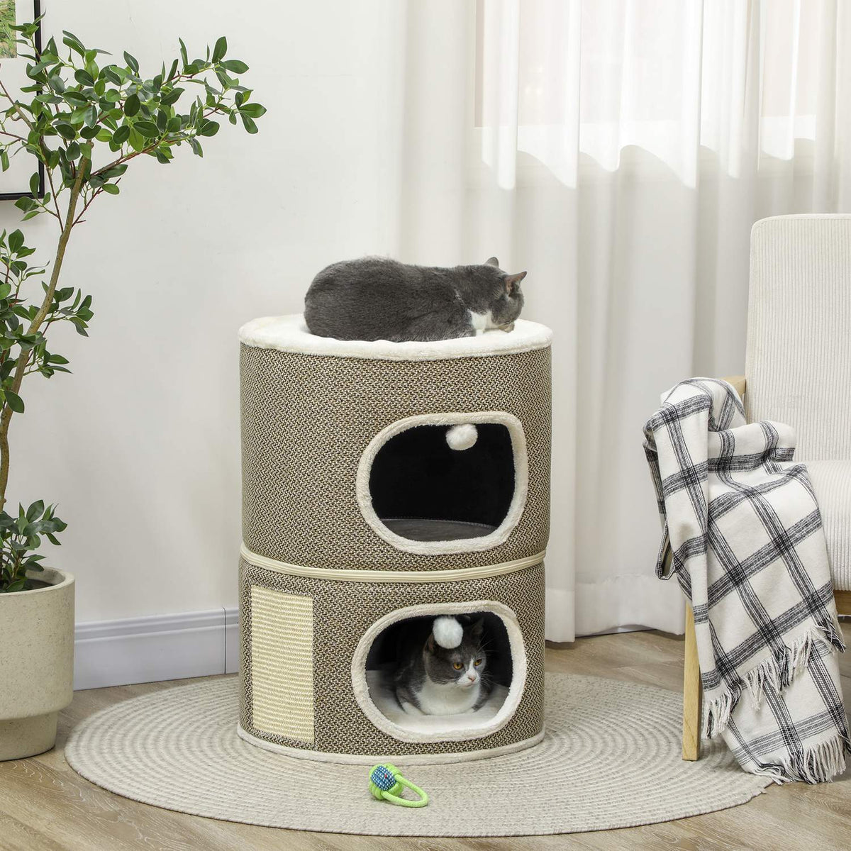 Scratching barrel, 69 cm high, cat barrel with 2 caves, scratching post with play balls, cat tower made of sisal, for cats up to 6 kg, coffee brown + cream white