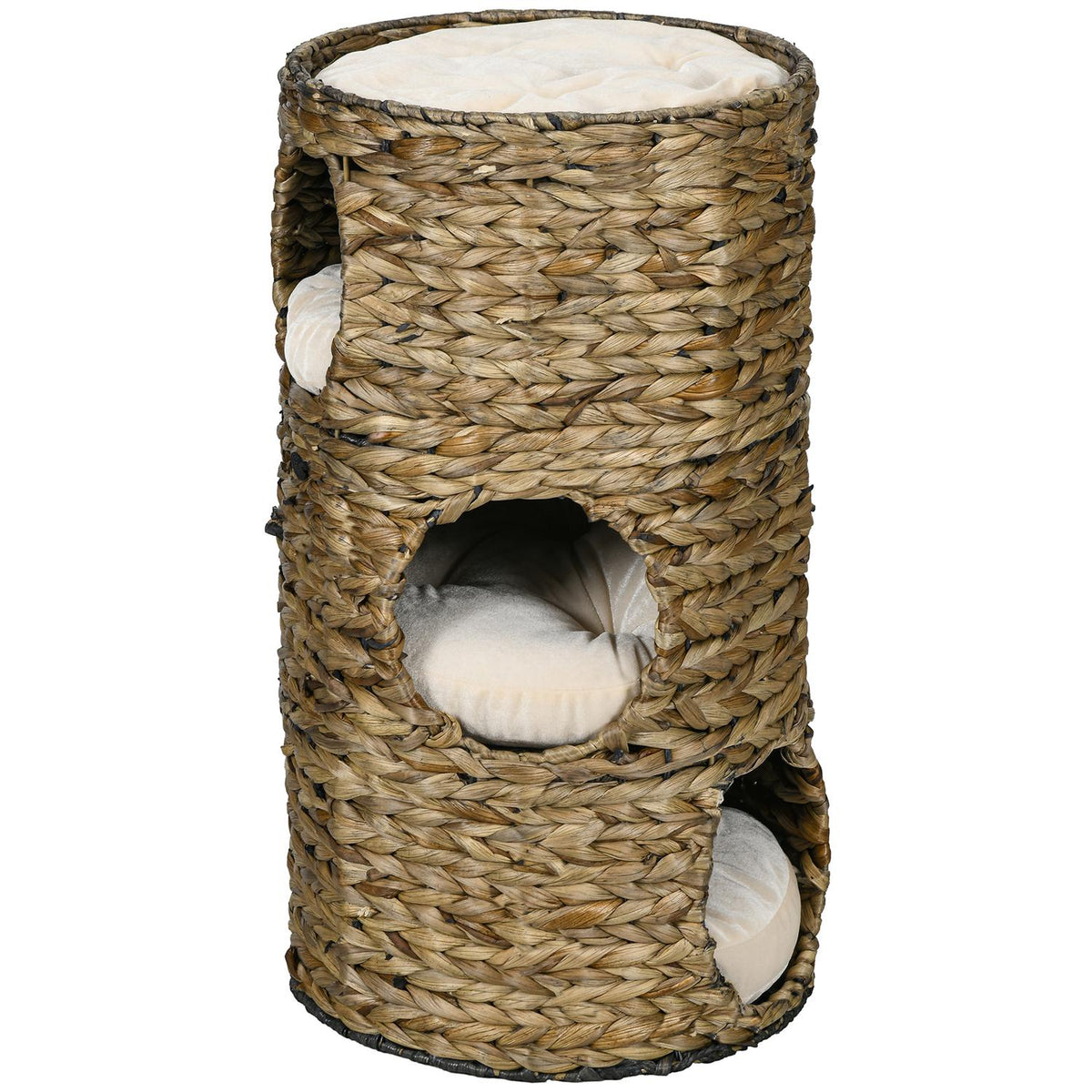 Scratching barrel, 73 cm high cat barrel with 3 caves, cushions, scratching post with cat bed, cat tower made of water hyacinth, dark brown