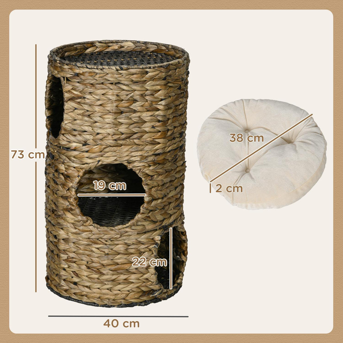 Scratching barrel, 73 cm high cat barrel with 3 caves, cushions, scratching post with cat bed, cat tower made of water hyacinth, dark brown