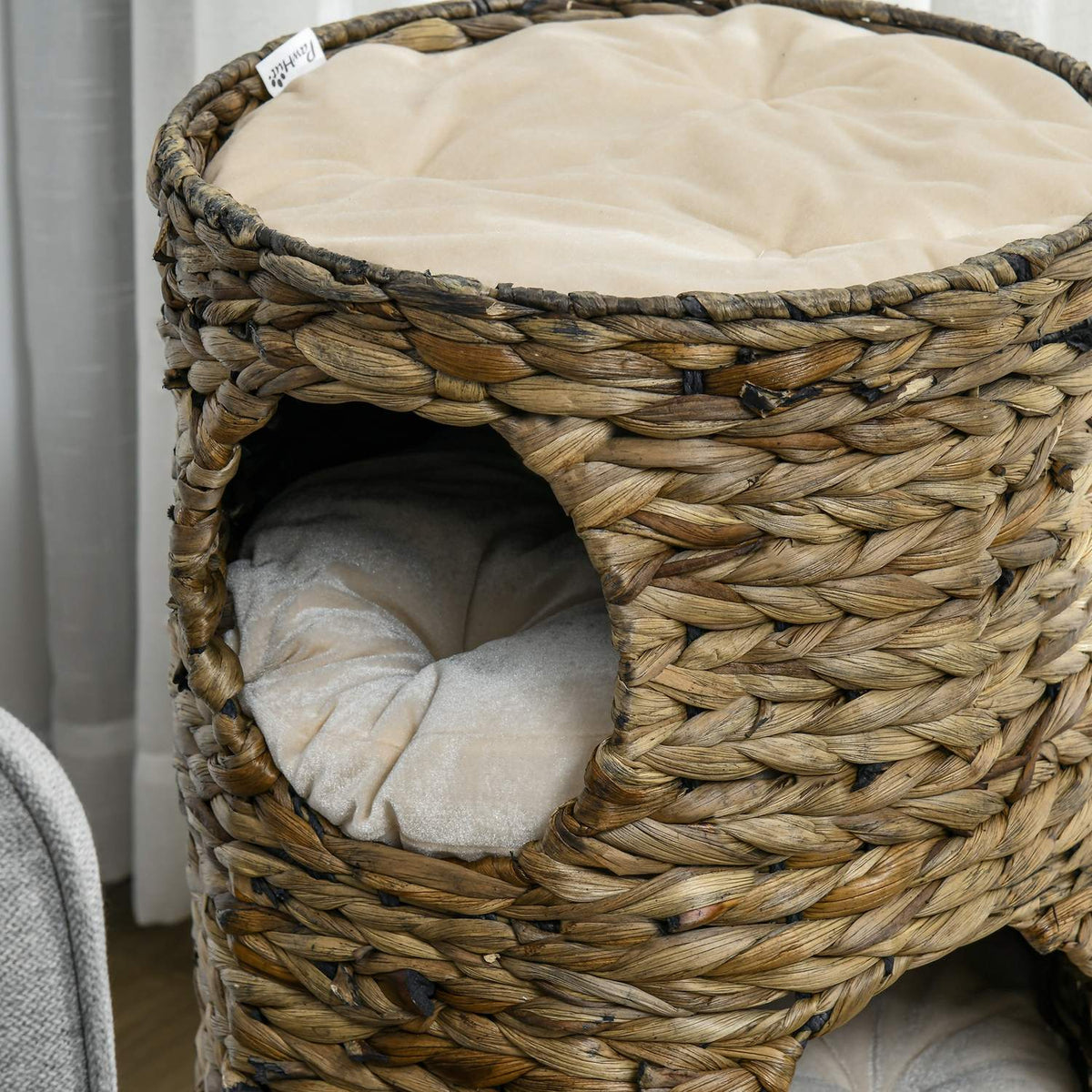 Scratching barrel, 73 cm high cat barrel with 3 caves, cushions, scratching post with cat bed, cat tower made of water hyacinth, dark brown