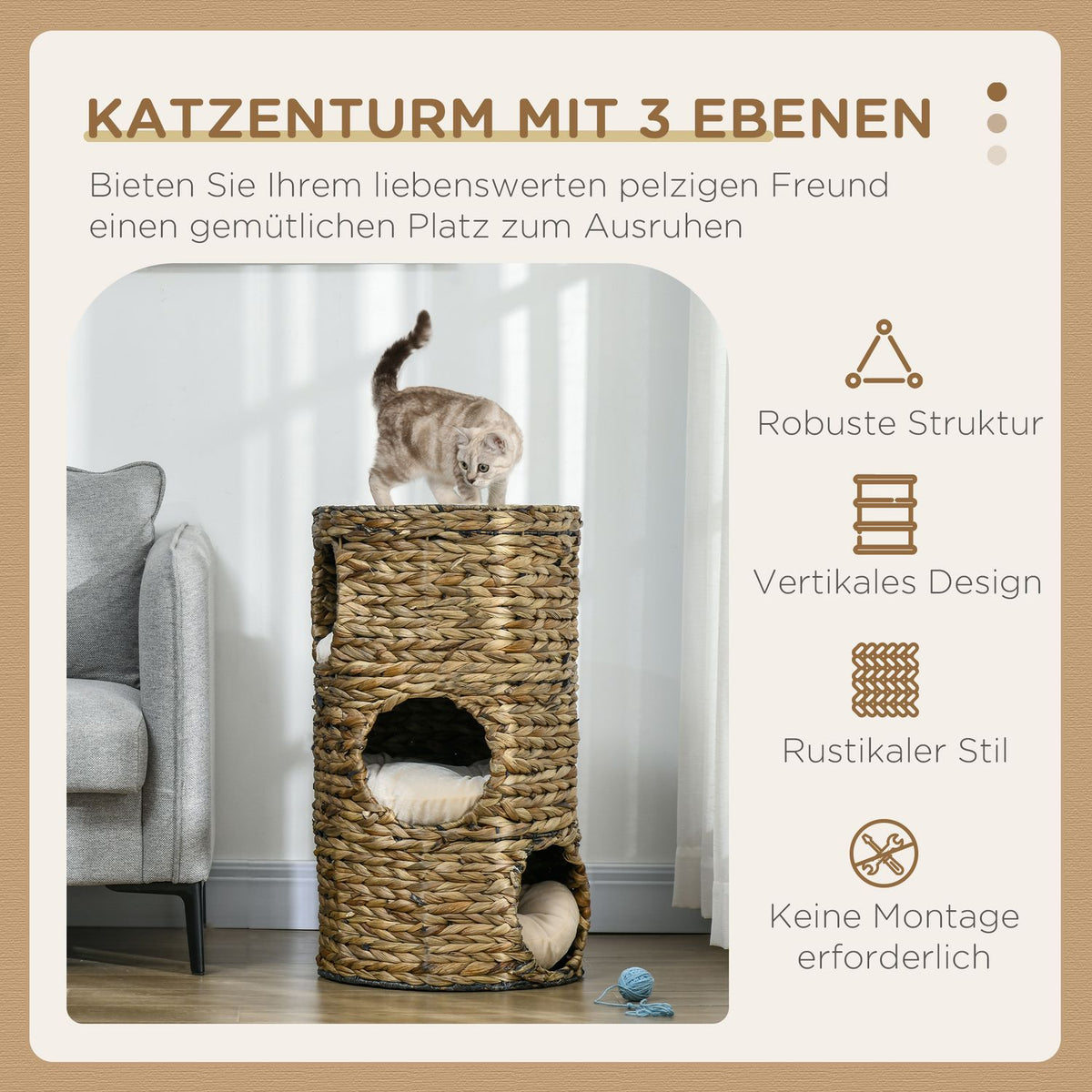 Scratching barrel, 73 cm high cat barrel with 3 caves, cushions, scratching post with cat bed, cat tower made of water hyacinth, dark brown