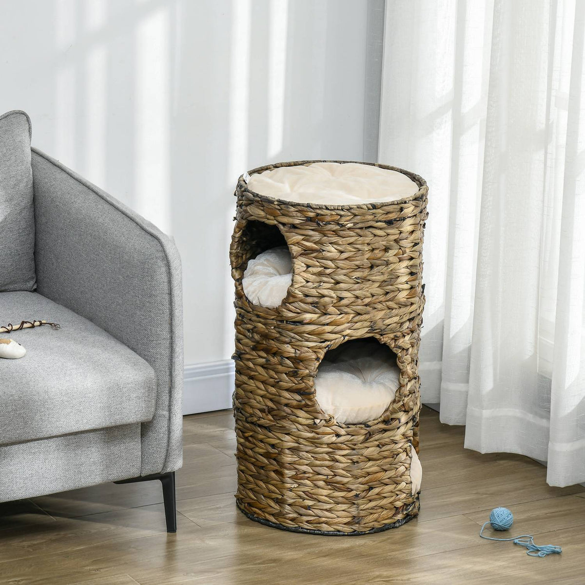 Scratching barrel, 73 cm high cat barrel with 3 caves, cushions, scratching post with cat bed, cat tower made of water hyacinth, dark brown