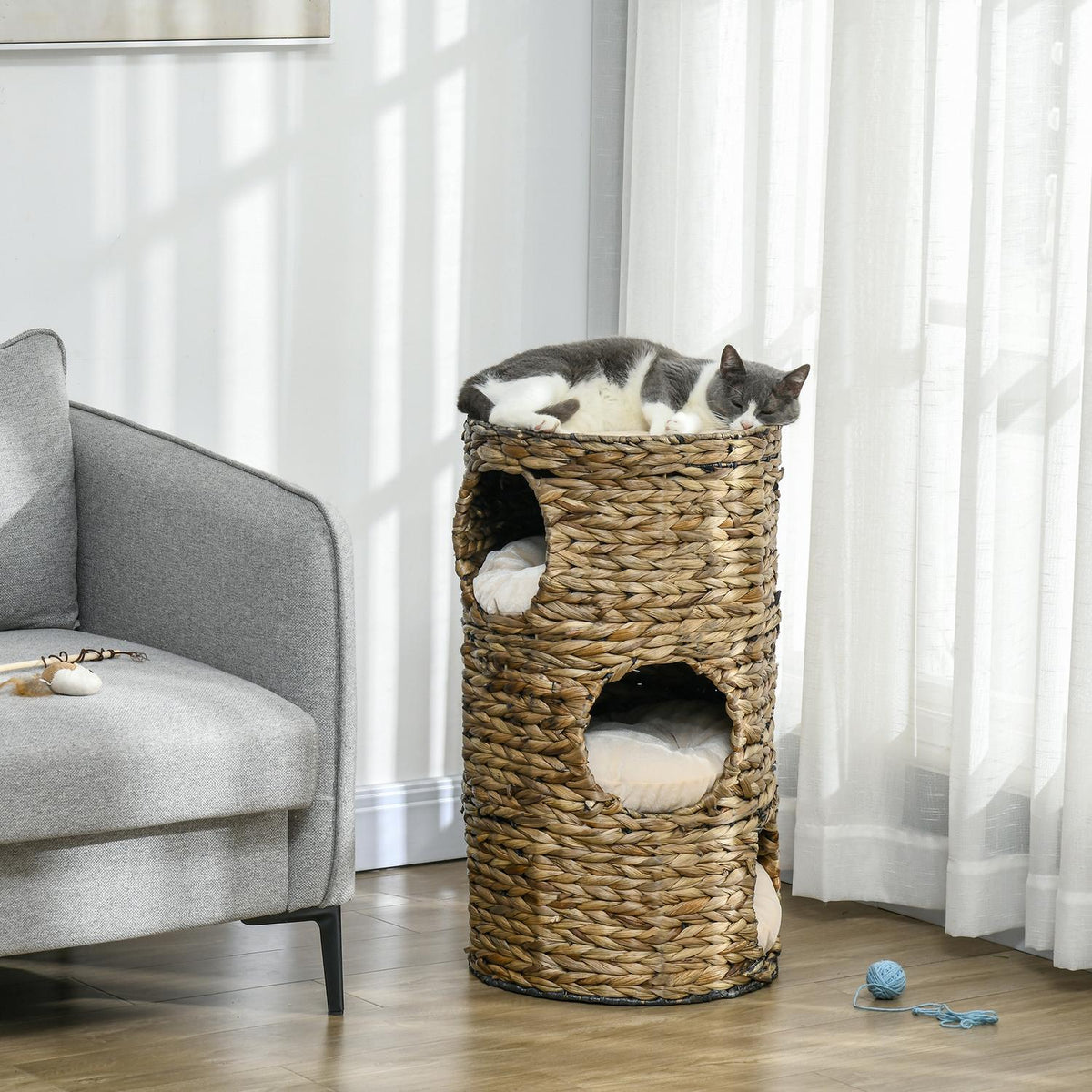 Scratching barrel, 73 cm high cat barrel with 3 caves, cushions, scratching post with cat bed, cat tower made of water hyacinth, dark brown
