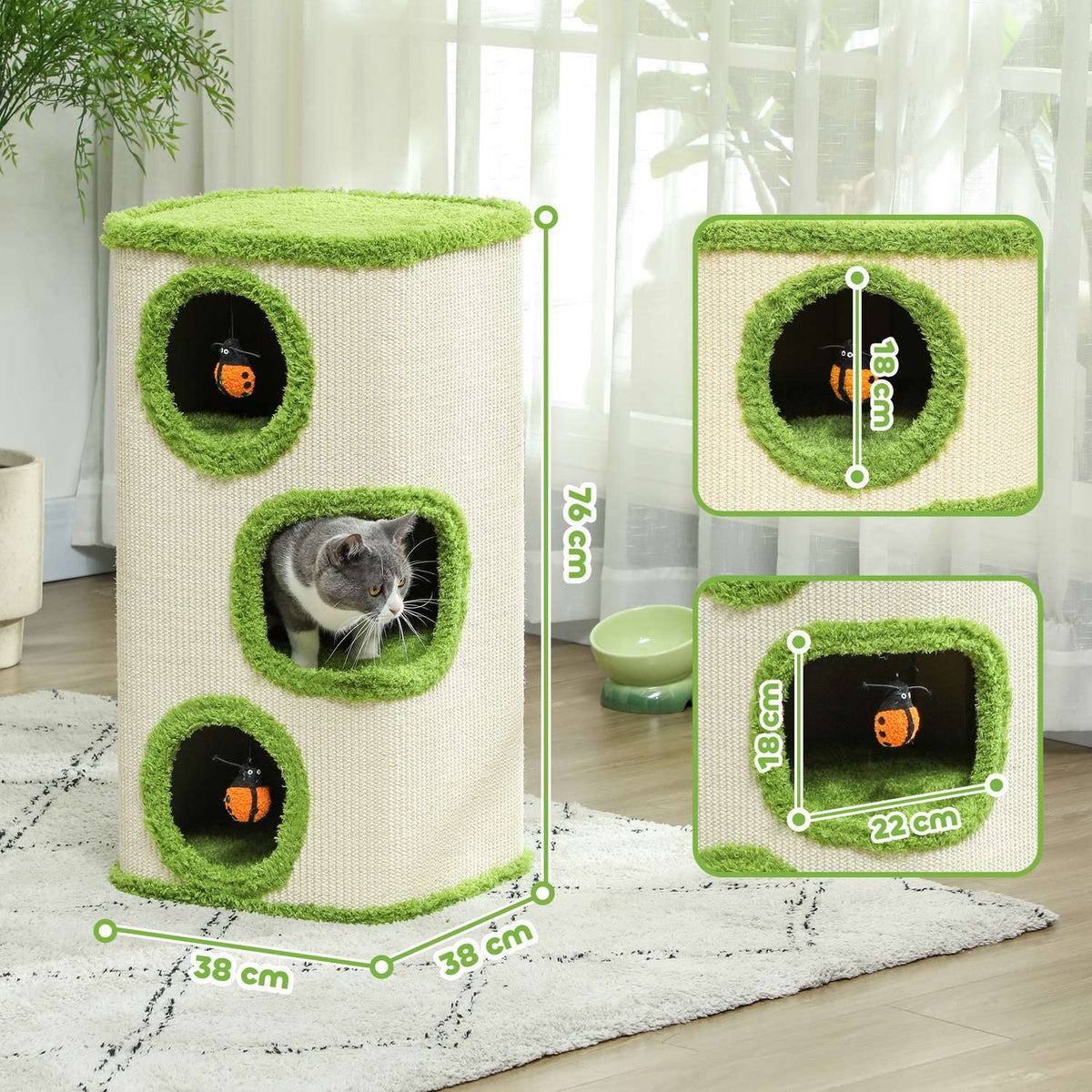 Scratching barrel, 76 cm high, cat barrel with 3 caves, scratching post with ladybug toy, cat tower made of sisal, for cats up to 5 kg, green + cream white