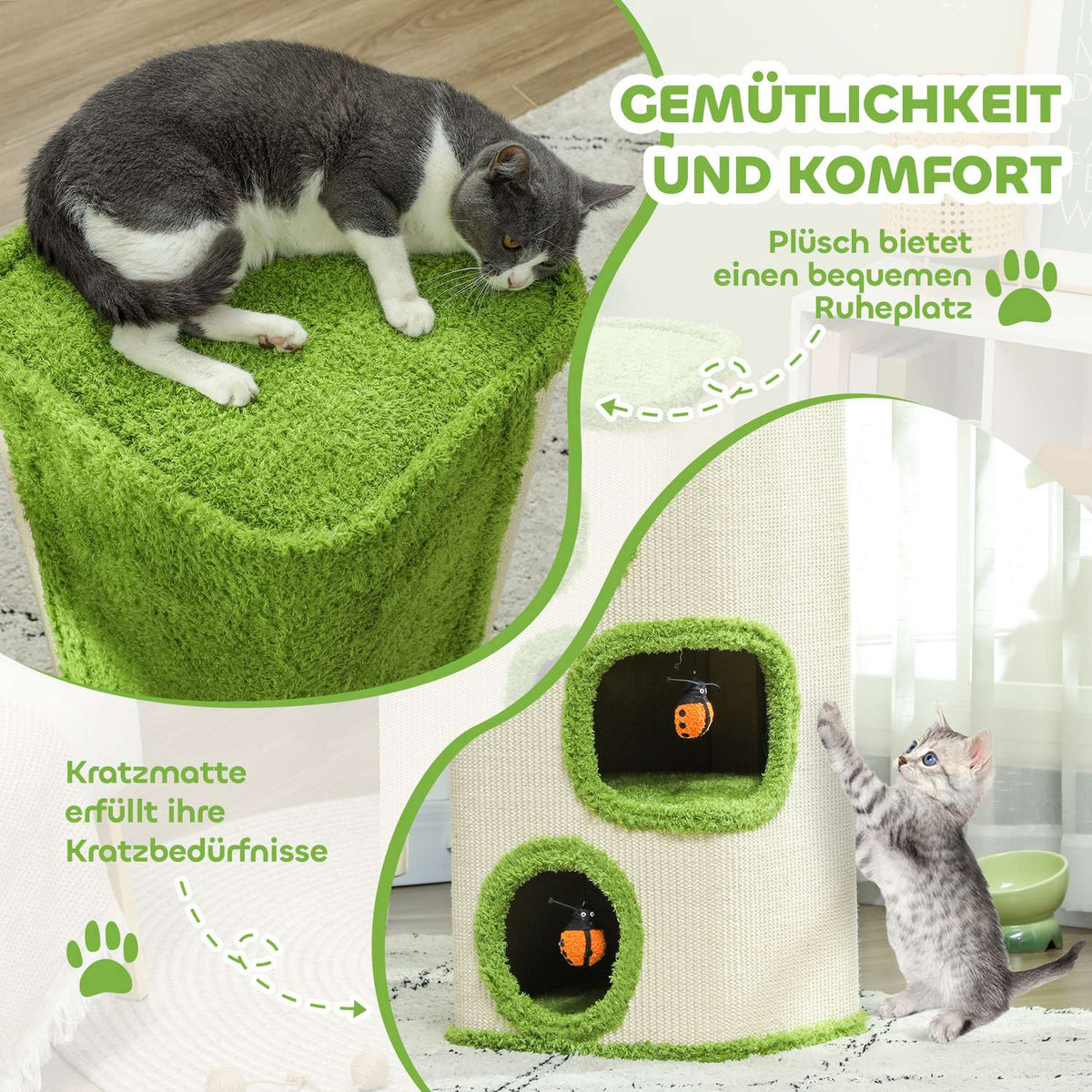 Scratching barrel, 76 cm high, cat barrel with 3 caves, scratching post with ladybug toy, cat tower made of sisal, for cats up to 5 kg, green + cream white