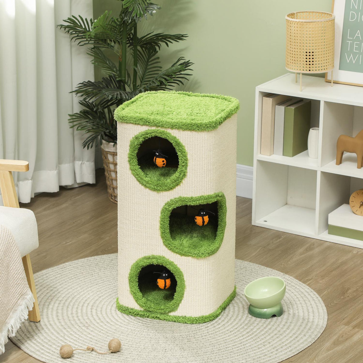 Scratching barrel, 76 cm high, cat barrel with 3 caves, scratching post with ladybug toy, cat tower made of sisal, for cats up to 5 kg, green + cream white