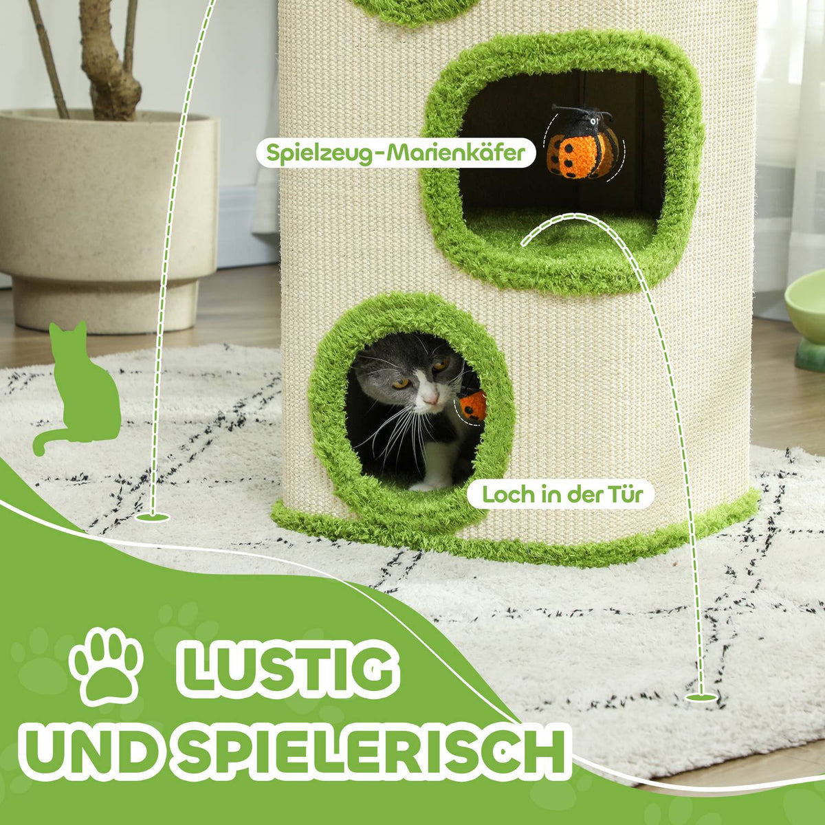 Scratching barrel, 76 cm high, cat barrel with 3 caves, scratching post with ladybug toy, cat tower made of sisal, for cats up to 5 kg, green + cream white