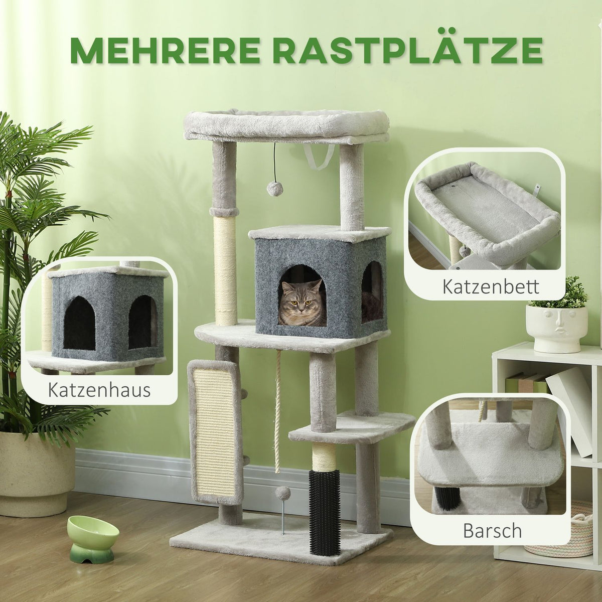 Scratching post 132 cm cat tree with cat cave, play ball, cat scratching post with sisal scratching posts, for cats up to 6 kg, light gray