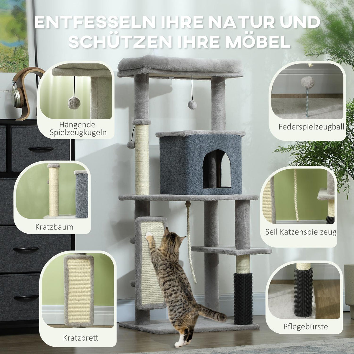 Scratching post 132 cm cat tree with cat cave, play ball, cat scratching post with sisal scratching posts, for cats up to 6 kg, light gray