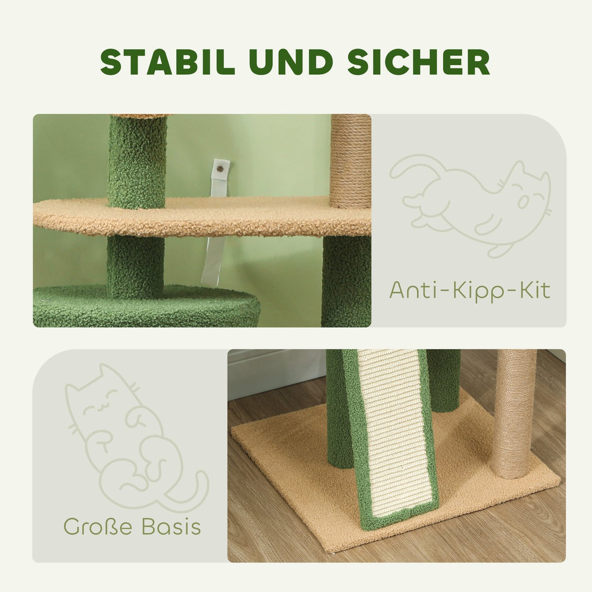 Scratching post 139 cm cat tree with cat cave, play ball, cat scratching post with sisal scratching posts, for cats up to 5 kg, green