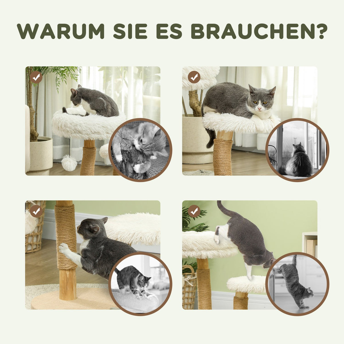 Scratching post 61.5 cm high cat scratching post with play ball, beds, cat tower with cat scratching board, for cats under 5 kg, pear wood, white