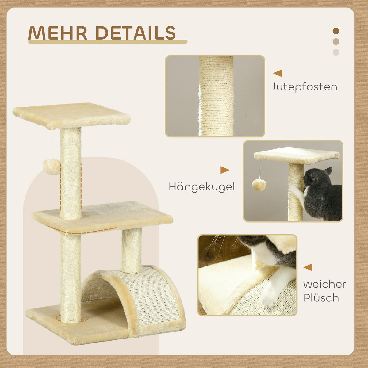 Scratching post 72 cm cat tower with plush balls, sisal posts, platform, scratching board cream white