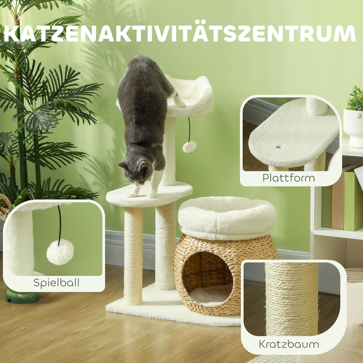 Scratching post 79 cm cat tree with cat cave, bed, play balls, cat scratching post with sisal scratching posts, for cats up to 5 kg, cream white
